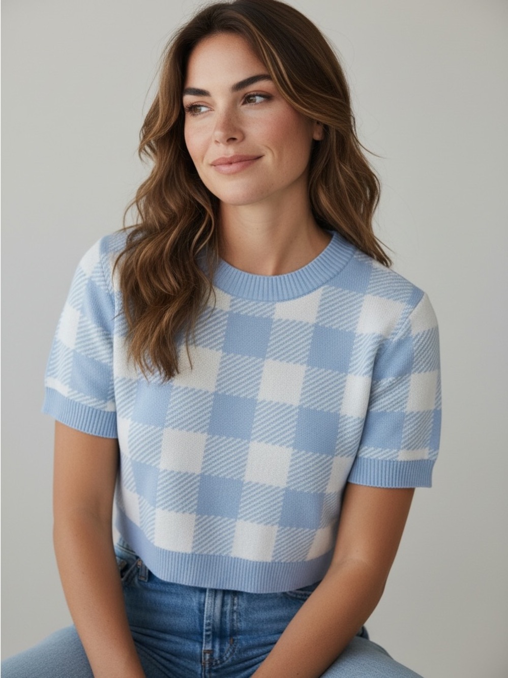 H&M Light Blue and White Check Short-Sleeve Knit Top